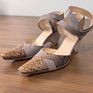 France Mode Snakeskin and Gray Women's Heels with Ankle Strap‎ Sz 39